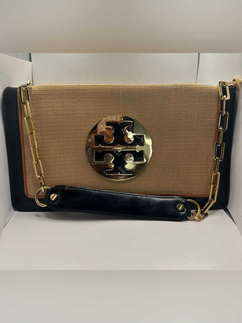 Tory Burch Beige Canvas and Black Leather Shoulder Bag with Gold Logo